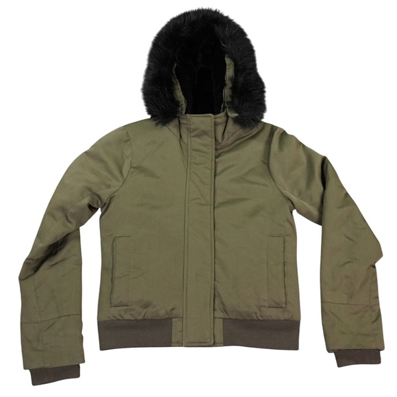 Abercrombie Fitch Jacket Womens XS Olive Green Faux Fur Hooded Puffer Bomber - Picture 1 of 11